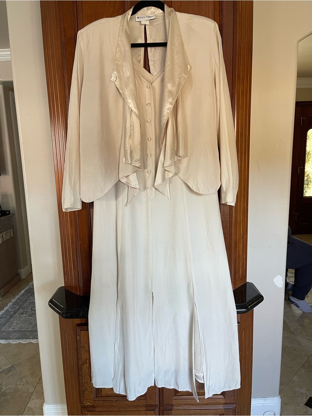 Vintage Classic Cream Long-Sleeve Dress with Draped Jacket - Timeless Women's